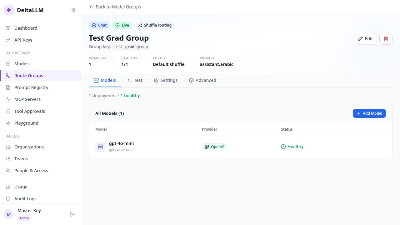 DeltaLLM route group with deployments behind a shared model target